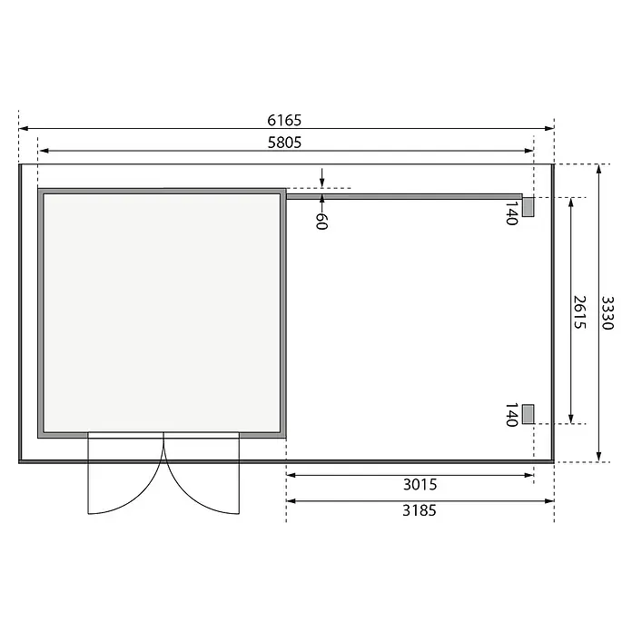 Karibu Gartenhaus Trittau 3 - Außenmaß inkl. Dachüberstand (B x T): 616,5 x 333 cm, Holz, Natur, Mit Seitendach & Rückwand - Grundrisszeichnung des Gartenhauses mit detaillierten Maßangaben für die Planung und Montage.