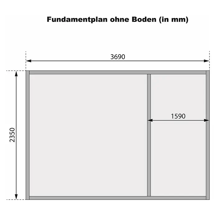 Karibu Gartenhaus Radur 0 - Außenmaß inkl. Dachüberstand (B x T): 406 x 312 cm, Holz, Natur - Fundamentplan ohne Boden (in mm) mit den Maßen 3690 x 2350 mm und einem Bereich von 1590 mm Breite.