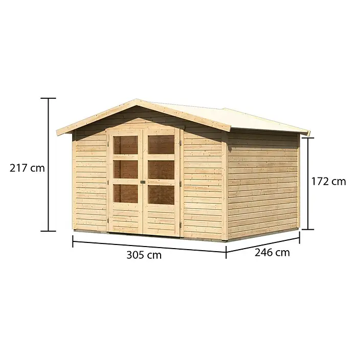 Karibu Gartenhaus Amberg 5 - Außenmaß inkl. Dachüberstand (B x T): 337 x 266 cm, Holz, Natur - Abbildung eines Gartenhauses aus Holz mit den Maßen 217 cm Höhe, 305 cm Breite und 246 cm Tiefe.