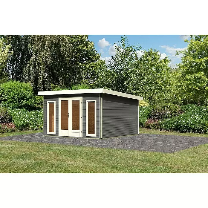 Karibu Gartenhaus Radeburg 3 - Außenmaß inkl. Dachüberstand (B x T): 406 x 393 cm, Holz, Terragrau - Moderner, dunkelgrauer Gartenpavillon mit beigem Zierrahmen und Holztüren auf gepflasterter Terrasse im Garten.