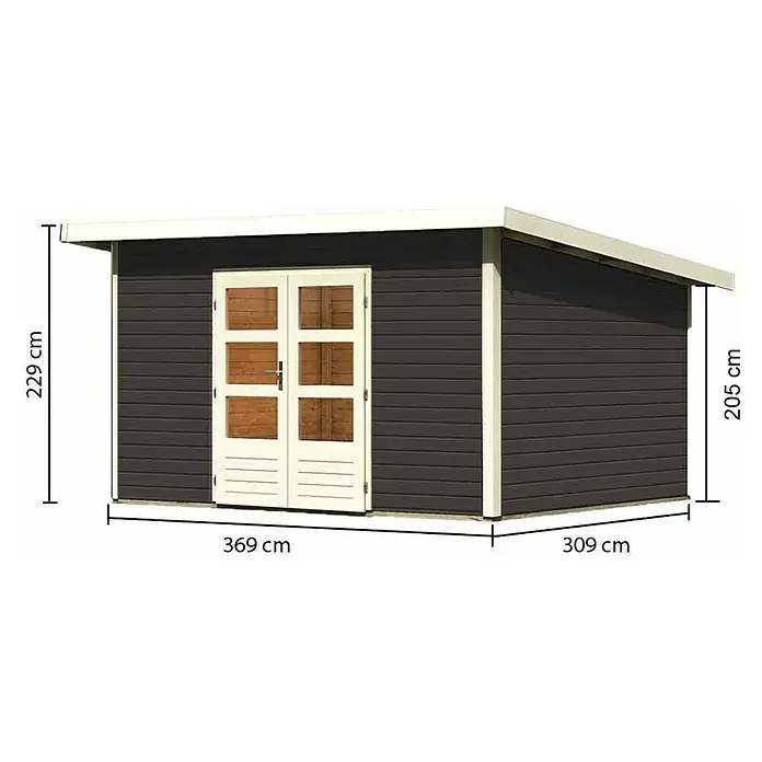 Karibu Gartenhaus Northeim 4 - Außenmaß inkl. Dachüberstand (B x T): 406 x 331,5 cm, Holz, Terragrau - Abbildung eines Gerätehauses mit Größenangaben. Das Gartenhaus hat eine Doppeltür und ein Flachdach. Die Wände sind grau.