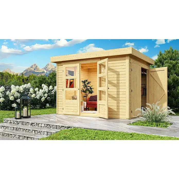 Karibu Gartenhaus Retola 2Außenmaß inkl. Dachüberstand (B x T): 317 x 238 cm, Holz, Natur - Ein modernes Gartenhaus mit Doppeltüren und einem zusätzlichen Seiteneingang. Das Holzhaus bietet einen hellen und freundlichen Raum für den Garten.