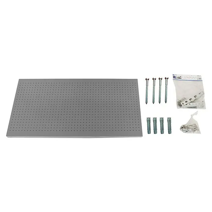 Simonrack Panelclick Panel perforado con 22 ganchos - L x An: 90 x 40 cm, Gris - La imagen muestra un estante metálico perforado de color gris, junto con varios elementos de montaje como tornillos, tacos y soportes en embalaje.
