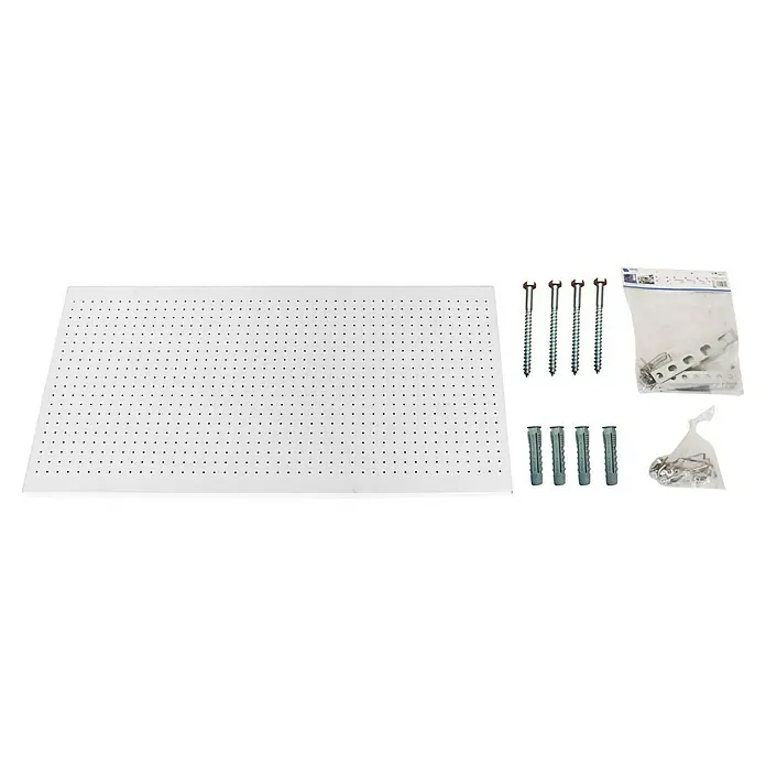 Simonrack Panelclick Panel perforado con 22 ganchos - L x An: 90 x 60 cm, Blanco - Panel perforado blanco con accesorios de montaje: tornillos, tacos y soportes para montaje en pared. Ideal para taller o sala de hobbies.