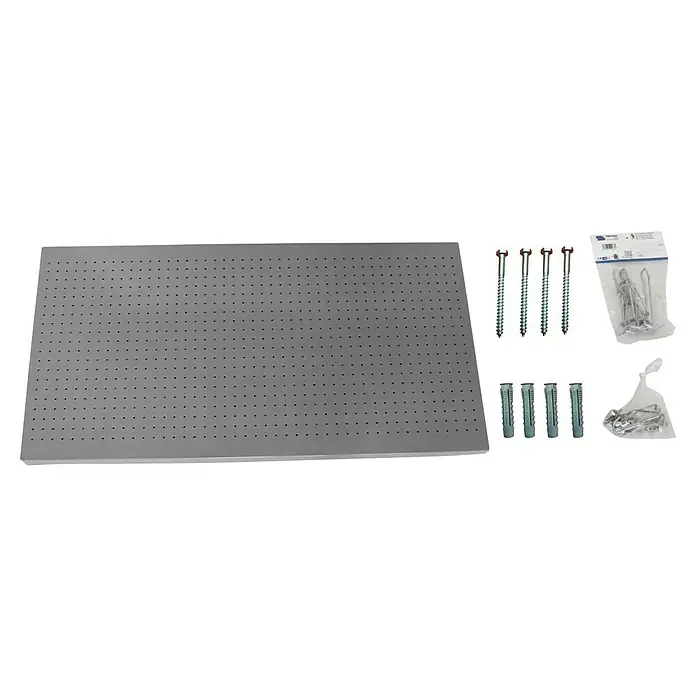 Simonrack Panelclick Panel perforado con 14 ganchos - L x An: 150 x 40 cm, Gris - Panel gris con agujeros con tornillos, anclajes de manguito y tacos para el montaje. Ideal para talleres y garajes.