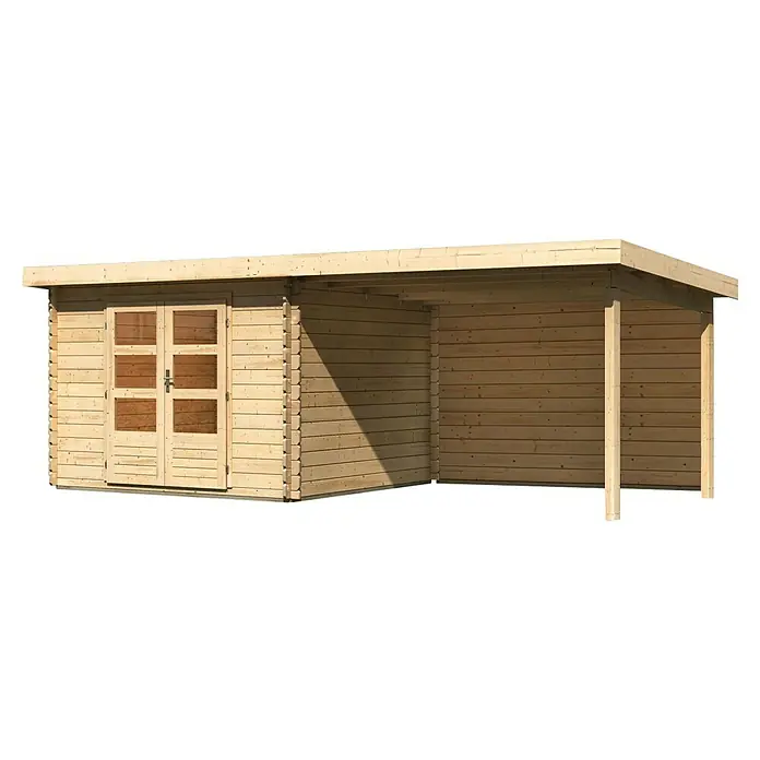 Karibu Gartenhaus Bastrup 5 - Außenmaß inkl. Dachüberstand (B x T): 614 x 333 cm, Holz, Natur, Mit Seitendach und Rückwand - Abbildung eines Holzgartenhauses mit Flachdach und überdachter Terrasse. Das Haus hat Doppeltüren mit Fenstern für natürlichen Lichteinfall.