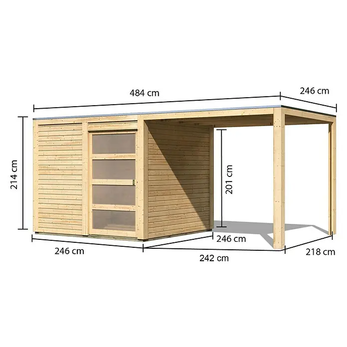 Karibu Gartenhaus Qubic 1 - Außenmaß inkl. Dachüberstand (B x T): 485 x 246 cm, Holz, Natur, Mit Seitendach - Abbildung eines Holzgartenhauses mit Carport und den dazugehörigen Maßen in Zentimetern.