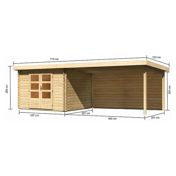 Karibu Gartenhaus Bastrup 5 - Außenmaß inkl. Dachüberstand (B x T): 714 x 333 cm, Holz, Natur, Mit Seitendach und Rückwand - Abbildung eines Holzgartenhauses mit Vordach und Maßangaben zu Höhe, Breite und Länge des Holzhauses.