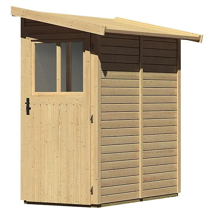 Karibu Gartenhaus Görlitz - Außenmaß inkl. Dachüberstand (B x T): 117 x 217 cm, Holz, Natur - Ansicht eines Holzgartenschuppens mit Tür und Fenster mit horizontaler Holzstruktur. Das Dach ist geneigt und ragt über die Wände hinaus.