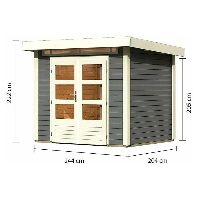 Karibu Gartenhaus Kandern 2 - Außenmaß inkl. Dachüberstand (B x T): 276 x 232 cm, Holz, Terragrau - Abbildung eines Gartenhauses mit den Maßen 244 cm Breite, 204 cm Tiefe und 222 cm Höhe für den Aufbau im Freien.