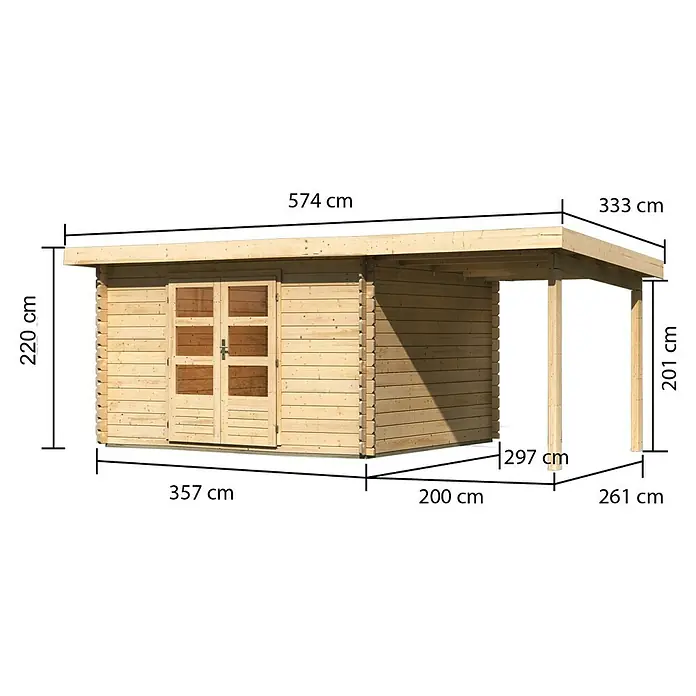 Karibu Gartenhaus Bastrup 7 - Außenmaß inkl. Dachüberstand (B x T): 574 x 333 cm, Holz, Natur, Mit Seitendach - Abbildung eines Holzgartenhauses mit den Maßangaben. Das Gartenhaus ist aus naturbelassenem Holz gefertigt.