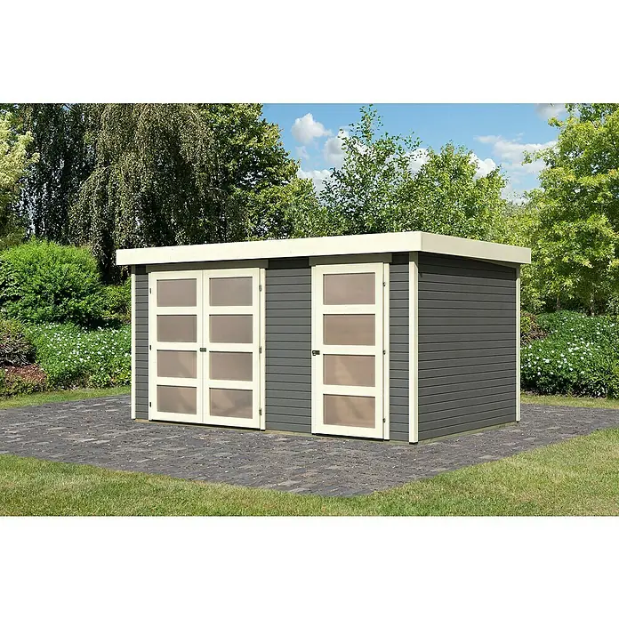 Karibu Gartenhaus Mühlentrup 2Außenmaß inkl. Dachüberstand (B x T): 428 x 310 cm, Holz, Terragrau - Außenansicht eines modernen Gerätehauses mit Doppeltür und Flachdach in einem Garten mit Pflasterweg. Ideal zur Aufbewahrung von Gartengeräten.