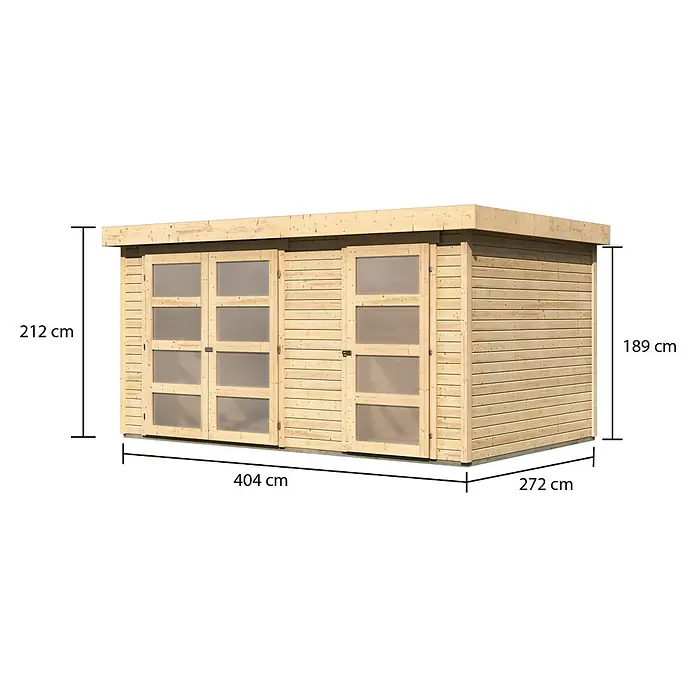 Karibu Gartenhaus Mühlentrup 2 - Außenmaß inkl. Dachüberstand (B x T): 428 x 310 cm, Holz, Natur - Abbildung eines modernen Gartenhauses aus Holz mit Glasschiebetüren und den Maßen 404 x 272 x 212 cm für den Garten.