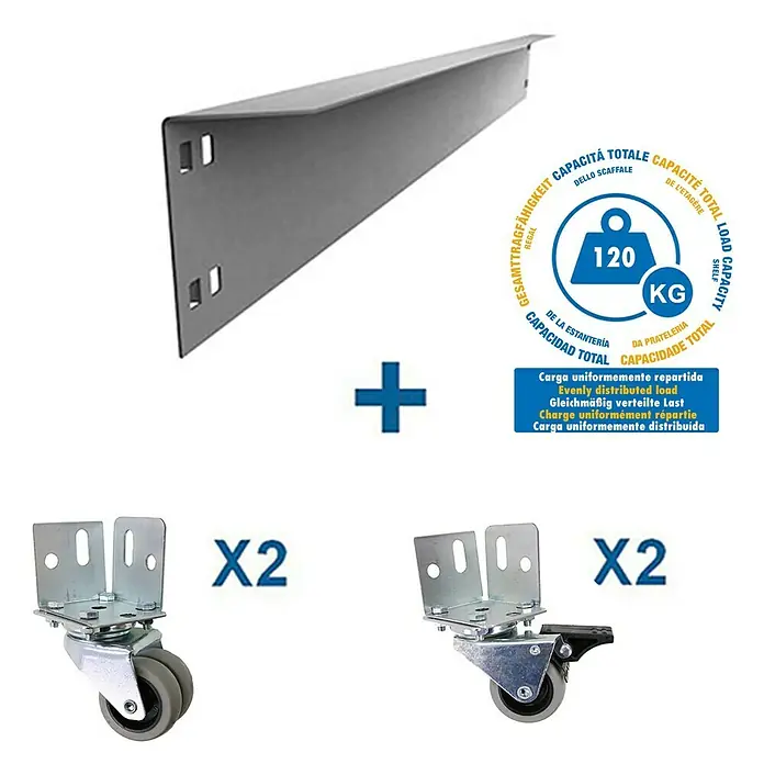 Simonrack Simonwork Kit de accesorios - Gris, Largo: 150 mm, 5 pzs. - Imagen del producto de un soporte de estante, una pegatina de capacidad de carga y dos juegos de ruedas giratorias para estanterías, dos ruedas cada uno.