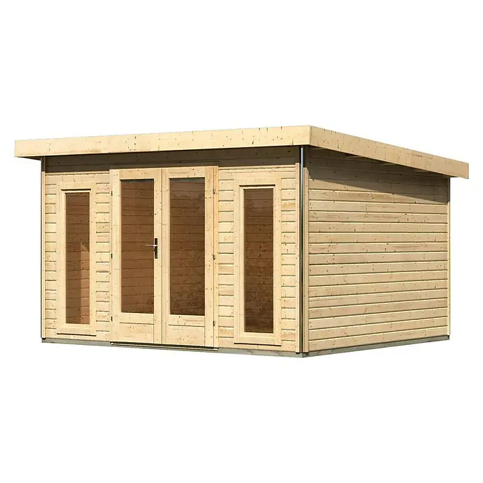 Karibu Gartenhaus Radeburg 2 - Außenmaß inkl. Dachüberstand (B x T): 406 x 331,5 cm, Holz, Natur - Ein modernes Holzgartenhaus mit großen Fenstern und Doppeltüren, ideal für zusätzlichen Wohnraum im Freien.