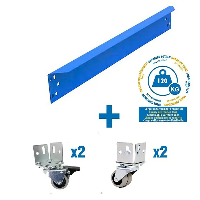 Simonrack Simonwork Kit de accesorios - Azul, Largo: 120 cm, 5 pzs. - Kit de estantería con riel metálico azul, señal de capacidad de carga (120 kg) y cuatro ruedas con soportes para almacenamiento flexible.