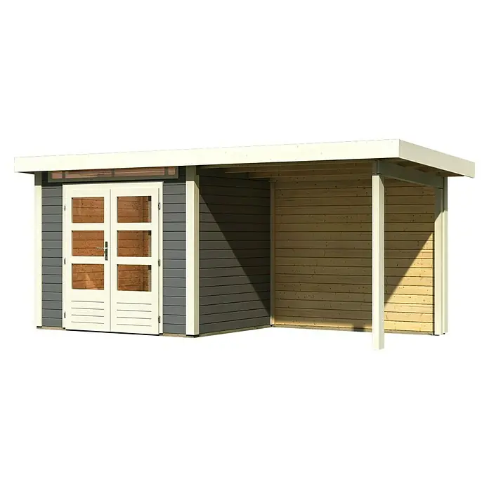 Karibu Gartenhaus Kandern 2 - Außenmaß inkl. Dachüberstand (B x T): 492 x 232 cm, Holz, Terragrau - Abbildung eines Gartenhauses mit Doppeltür und überdachter Veranda, ideal für zusätzlichen Stauraum im Freien und als Wetterschutz.
