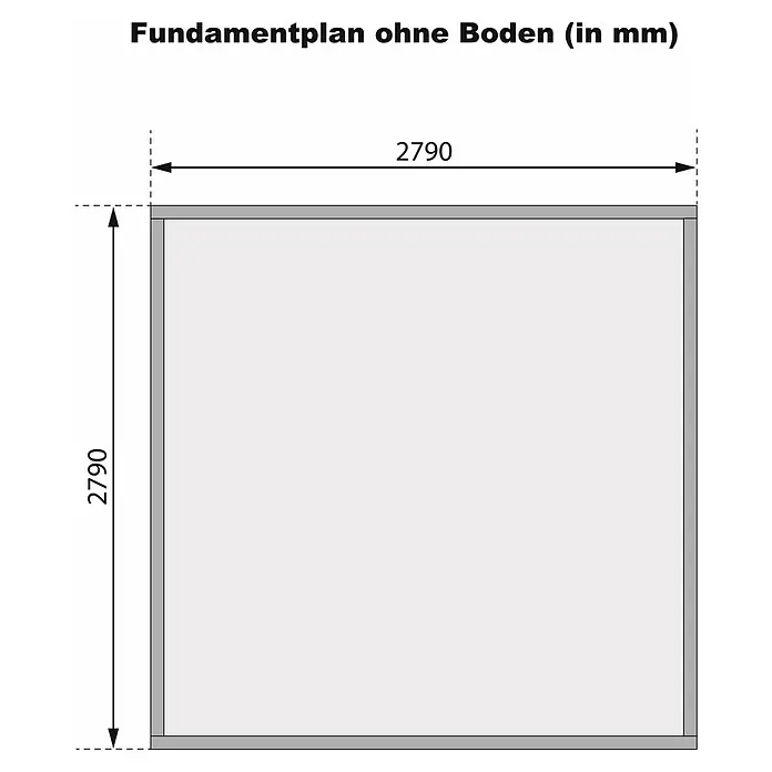 Karibu Gartenhaus Trittau 3 - Außenmaß inkl. Dachüberstand (B x T): 317 x 333 cm, Holz, Natur - Fundamentplan ohne Boden (in mm) mit Abmessungen 2790 x 2790 mm.