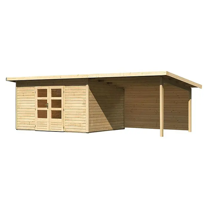 Karibu Gartenhaus Northeim 4 - Außenmaß inkl. Dachüberstand (B x T): 724 x 331,5 cm, Holz, Natur, Mit Seitendach und Rückwand - Ein geräumiges, helles Holzgartenhaus mit Doppeltür und einem überdachten Anbau bietet viel Stauraum und Schutz für Gartenutensilien.