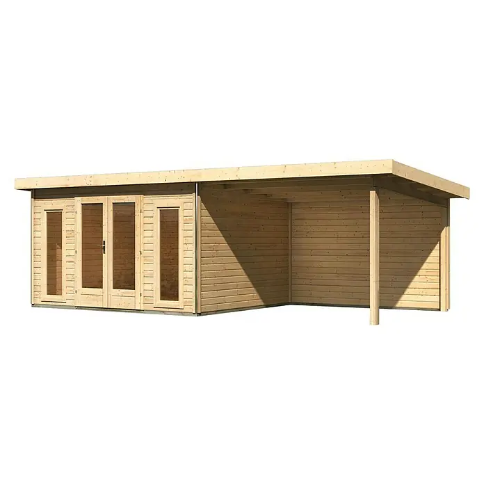 Karibu Gartenhaus Radeburg 2 - Außenmaß inkl. Dachüberstand (B x T): 724 x 331,5 cm, Holz, Natur, Mit Seitendach und Rückwand - Holzhaus mit Doppeltüren und überdachtem Bereich. Das Blockbohlenhaus ist eine gute Wahl für den Garten.