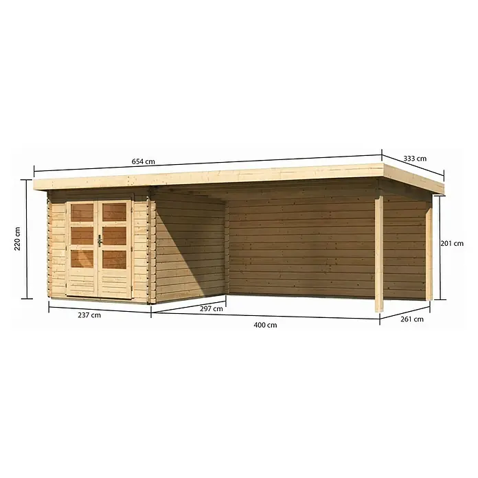 Karibu Gartenhaus Bastrup 4 - Außenmaß inkl. Dachüberstand (B x T): 654 x 333 cm, Holz, Natur, Mit Seitendach und Rückwand - Abbildung eines Gartenhauses aus Holz mit den Abmessungen 654 cm Länge und 220 cm Höhe, ideal für den Garten.