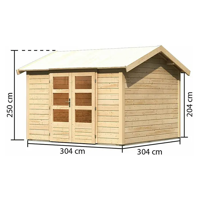 Karibu Gartenhaus Theres - Außenmaß inkl. Dachüberstand (B x T): 337 x 348 cm, Holz, Natur - Abbildung eines Holzgartenhauses mit den Maßen 304 cm x 304 cm und einer Höhe von 250 cm, die die ideale Lösung für Ihren Garten darstellt.