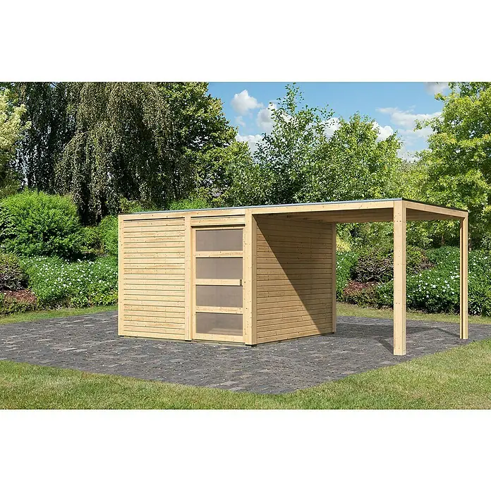 Karibu Gartenhaus Qubic 2 - Außenmaß inkl. Dachüberstand (B x T): 542,5 x 276 cm, Holz, Natur, Mit Seitendach - Geräumiges Holzgartenhaus mit seitlichem Unterstand für zusätzlichen Stauraum im Garten.