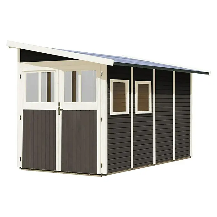 Karibu Gartenhaus Wandlitz 4 - Außenmaß inkl. Dachüberstand (B x T): 200 x 408 cm, Holz, Terragrau - Ein graues Gartenhaus mit Doppeltür und zwei Fenstern. Das Gartenhaus hat ein Pultdach mit weißem Rahmen und einem grauen Korpus.