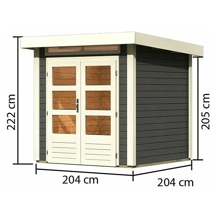Karibu Gartenhaus Kandern 1 - Außenmaß inkl. Dachüberstand (B x T): 236 x 232 cm, Holz, Terragrau - Abbildung eines Gartenhauses mit Abmessungen: Höhe 222 cm, Breite 204 cm und Tiefe 204 cm.