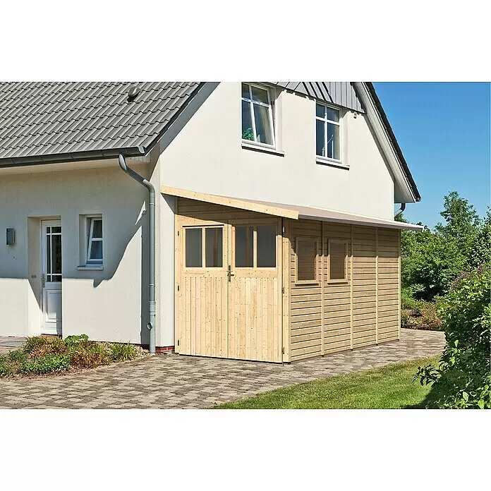 Karibu Gartenhaus Wandlitz 4 - Außenmaß inkl. Dachüberstand (B x T): 200 x 408 cm, Holz, Natur - Gartenhaus aus Naturholz mit Doppeltüren und Fenstern, an ein helles Haus angebaut.