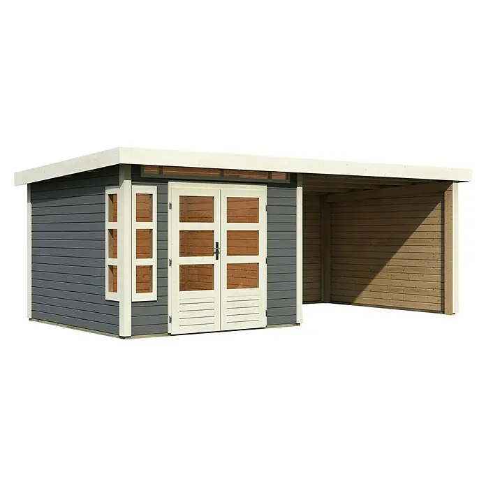 Karibu Gartenhaus Kastorf 6 - Außenmaß inkl. Dachüberstand (B x T): 612 x 303 cm, Holz, Terragrau, Mit Seitendach, Rück- und Seitenwand - Ansicht eines grauen Gartenhauses mit Doppeltür, kleinem Fenster und einem angrenzenden Carport mit Holzverkleidung.