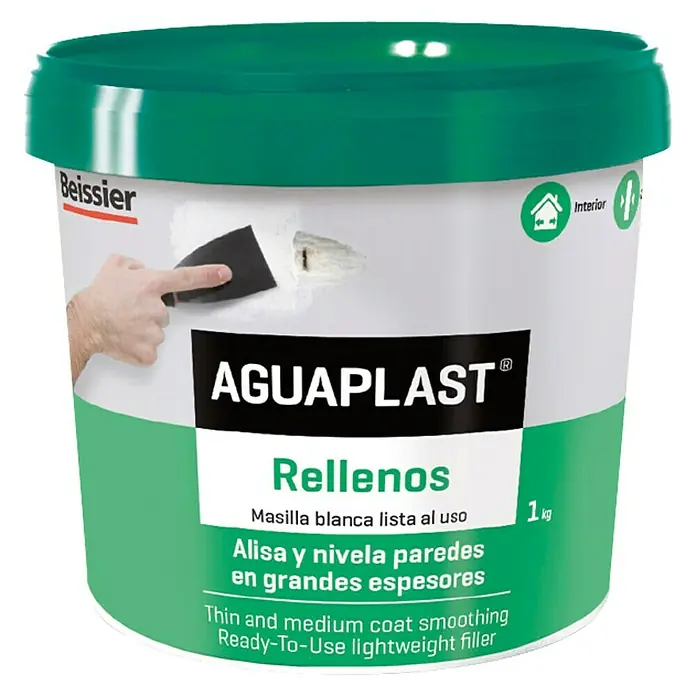Beissier Aguaplast Masilla Rellenos - Blanco, 1 kg - Bote de Aguaplast "Rellenos", una masilla ligera lista para usar para alisar paredes y techos interiores.