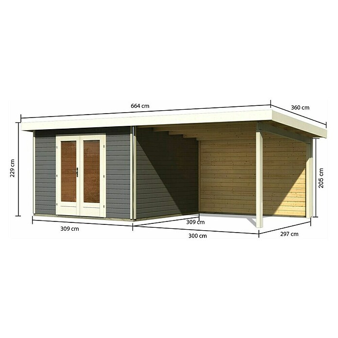 Karibu Gartenhaus Radeburg 1 (Außenmaß inkl. Dachüberstand (B x T): 664 x 331,5 cm, Holz, Terragrau, Mit Seitendach und Rückwand) | BAUHAUS