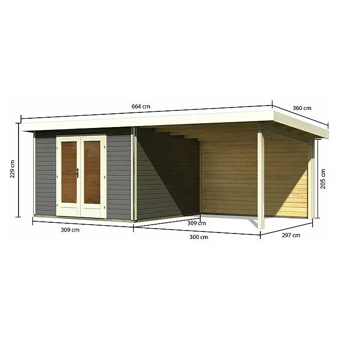 Karibu Gartenhaus Radeburg 1Außenmaß inkl. Dachüberstand (B x T): 664 x 331,5 cm, Holz, Terragrau, Mit Seitendach und Rückwand