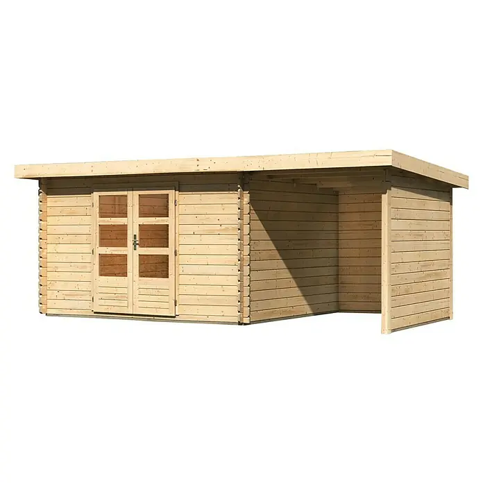 Karibu Gartenhaus Bastrup 7 - Außenmaß inkl. Dachüberstand (B x T): 574,5 x 333 cm, Holz, Natur, Mit Seitendach, Rück- und Seitenwand - Ein helles Holzgartenhaus mit Doppeltür und offenem Bereich, das sich ideal für Lagerung oder als Unterstand eignet. Die Holzstruktur bietet ein natürliches Aussehen.