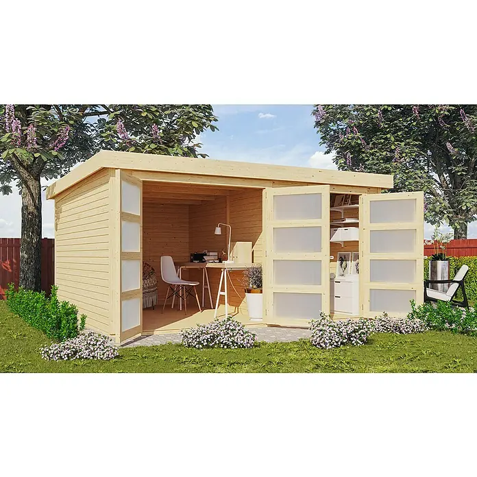 Karibu Gartenhaus Mühlentrup 3Außenmaß inkl. Dachüberstand (B x T): 428 x 351,5 cm, Holz, Natur - Helles Holzgartenbüro mit Flügeltüren und Fenstern, umgeben von Grün und Blumen. Ideal für einen Arbeitsplatz im Freien.