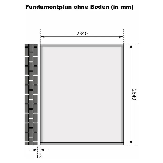 Karibu Gartenhaus Bomlitz 3 - Außenmaß inkl. Dachüberstand (B x T): 255 x 301 cm, Holz, Terragrau - Fundamentplan ohne Boden (in mm): Abbildung zeigt die Maße des Fundaments. Die Länge beträgt 2340 mm und die Höhe 2640 mm.