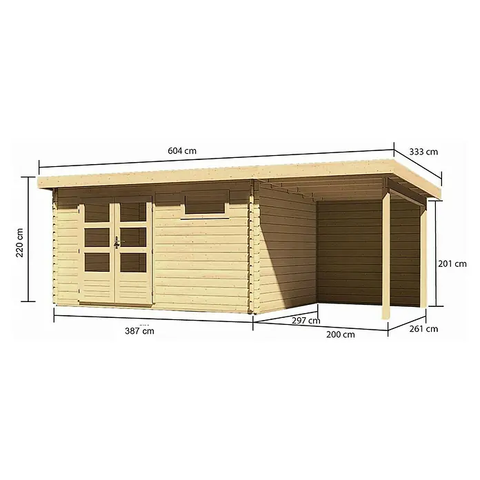 Karibu Gartenhaus Bastrup 8 - Außenmaß inkl. Dachüberstand (B x T): 604 x 333 cm, Holz, Natur, Mit Seitendach und Rückwand - Ansicht eines Holzgartenhauses mit Vordach und Größenangaben.