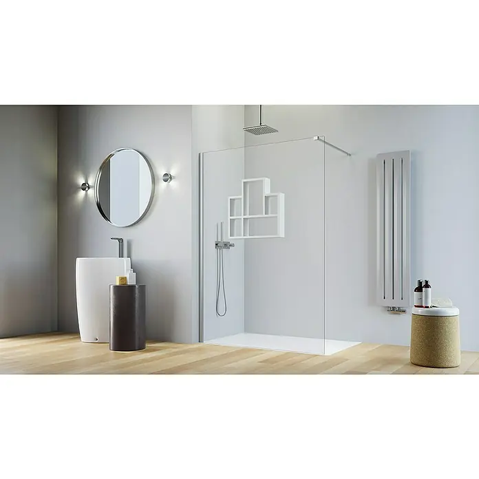 Camargue Vario Duschwand S14P-REG1-02W - B x H: 140 x 191,5 cm, Beschichtet, Silber/Weiß - Elegantes Badezimmerdesign mit einer stilvollen Duschkabine aus Glas, einem modernen Waschtisch und einem runden Spiegel mit Beleuchtung.