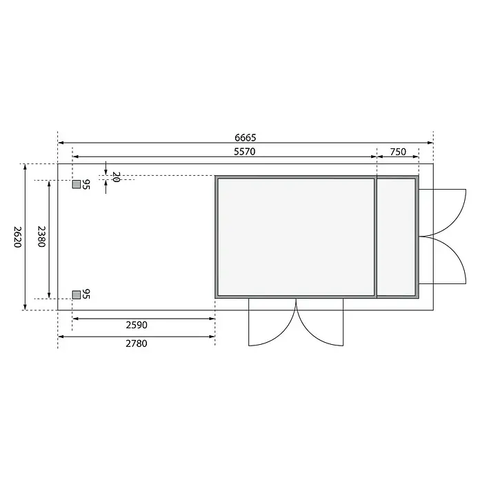 Karibu Gartenhaus Retola 6 - Außenmaß inkl. Dachüberstand (B x T): 666,5 x 262 cm, Holz, Natur - Grundrisszeichnung eines Gebäudes mit detaillierten Maßangaben, die eine klare Übersicht über die Raumaufteilung und Abmessungen bietet.