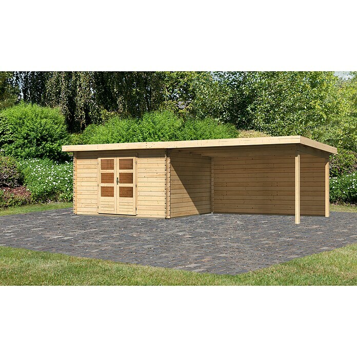 Karibu Gartenhaus Bastrup 7 (Außenmaß inkl. Dachüberstand (B x T): 774 x 333 cm, Holz, Natur, Mit Seitendach und Rückwand) | BAUHAUS