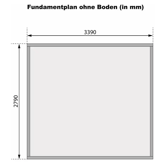 Karibu Gartenhaus Trittau 4 - Außenmaß inkl. Dachüberstand (B x T): 377 x 333 cm, Holz, Naturbelassen, Ohne Anbau - Rechteckiger Fundamentplan mit Maßen 3390 x 2790 mm.