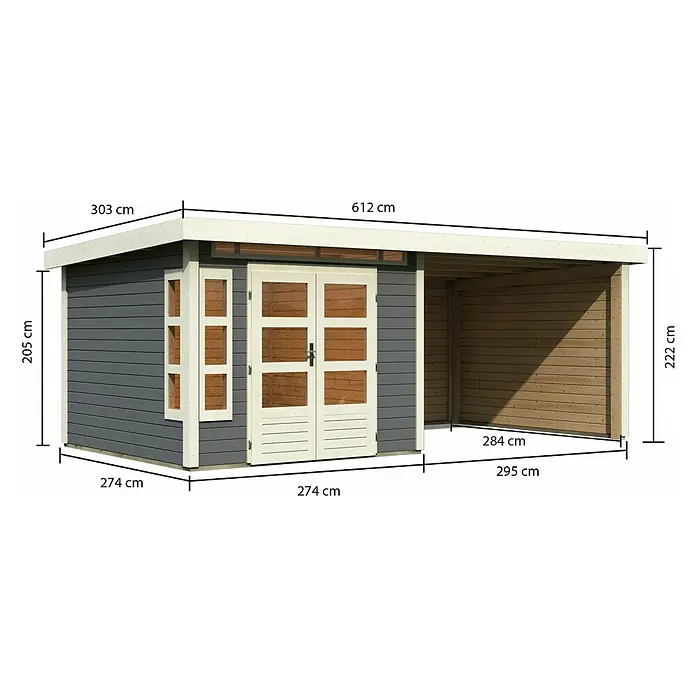 Karibu Gartenhaus Kastorf 6 - Außenmaß inkl. Dachüberstand (B x T): 612 x 303 cm, Holz, Terragrau, Mit Seitendach, Rück- und Seitenwand - Abbildung eines Gartenhauses mit Anbau und Maßangaben, ideal für den Garten oder als zusätzlicher Stauraum im Freien.