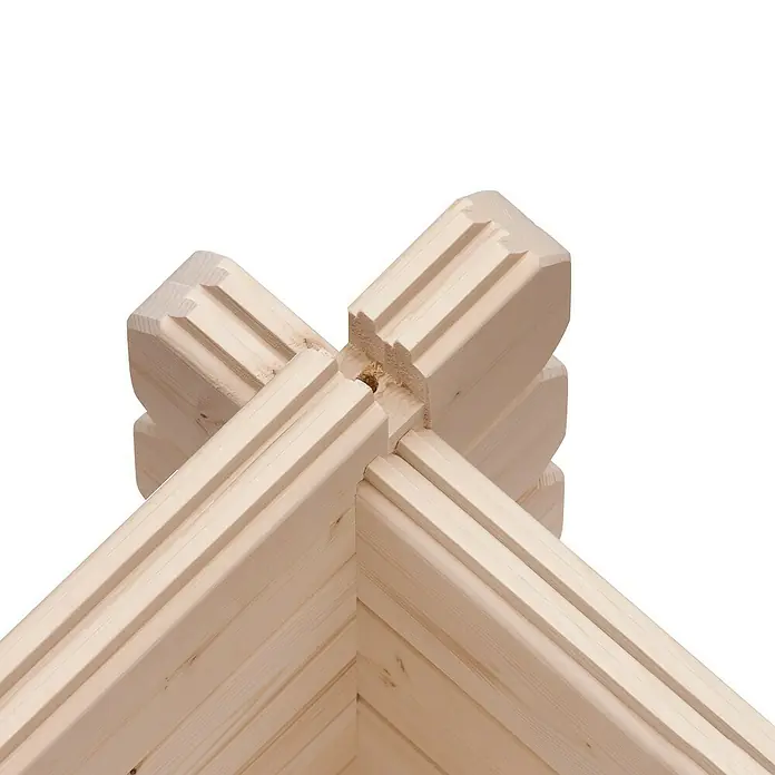 Karibu Gartenhaus - Außenmaß inkl. Dachüberstand (B x T): 716,5 x 333 cm, Holz, Natur, Mit Seitendach, Rück- & Seitenwand - Eckverbindung eines Holzhauses mit Nut-und-Feder-Verbindung. Die helle Holzstruktur ist deutlich erkennbar.