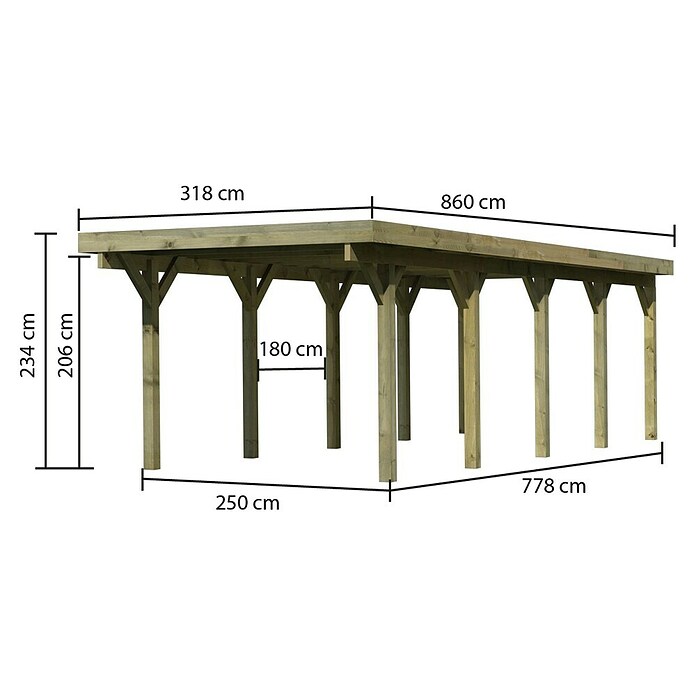 Karibu Carport Classic 3 (Außenmaß inkl. Dachüberstand (B x T): 3,18 x 8,6 m, Einzelcarport, Naturbelassen, Farbe Dach: Rot/ Grau, Ohne Einfahrtsbogen) | BAUHAUS