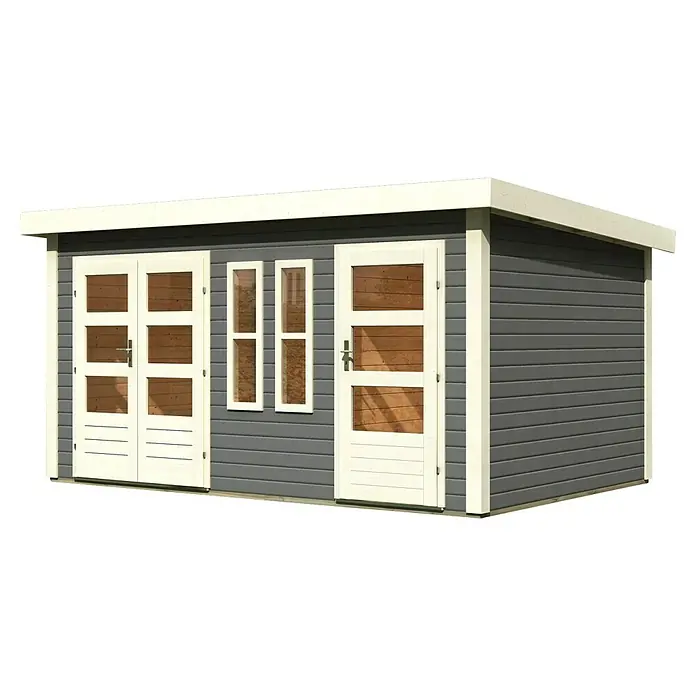 Karibu Gartenhaus Schönbuch 2 - Außenmaß inkl. Dachüberstand (B x T): 458 x 302 cm, Holz, Terragrau - Abbildung eines modernen Gartenhauses mit Doppeltür und Fenstern. Es hat eine graue Holzverkleidung und einen weißen Rahmen.