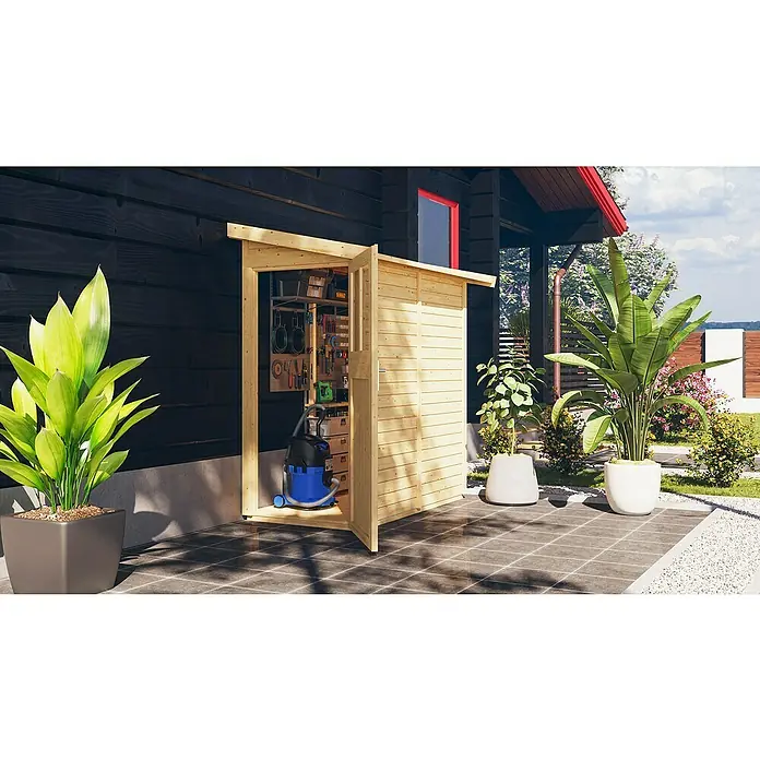 Karibu Gartenhaus Görlitz - Außenmaß inkl. Dachüberstand (B x T): 117 x 217 cm, Holz, Natur - Geräumiger Holzgartenschrank zur Aufbewahrung von Gartengeräten. Der Schrank verfügt über eine offene Tür und bietet Regale für Werkzeugorganisation.