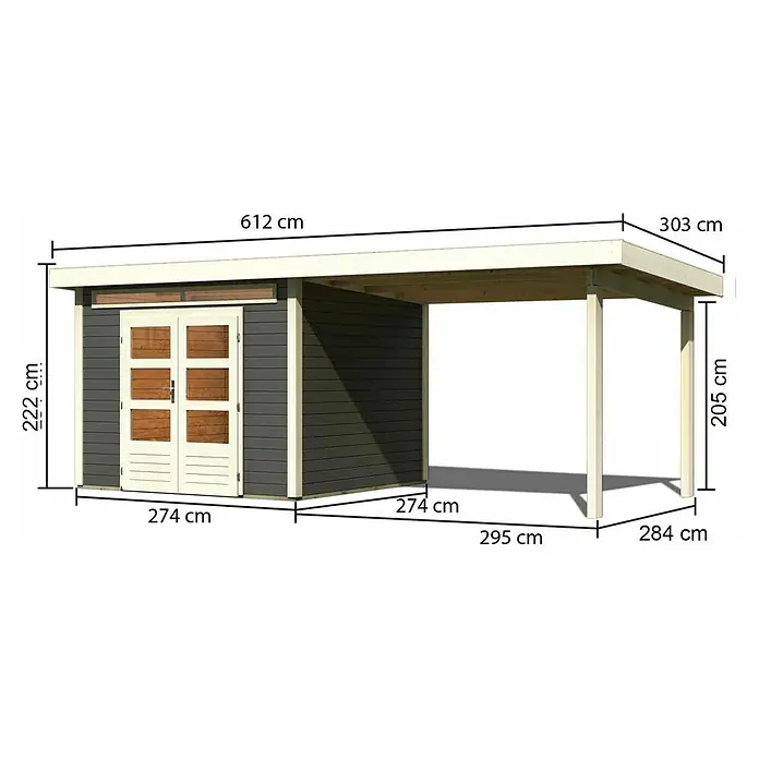 Karibu Gartenhaus Kandern 6 - Außenmaß inkl. Dachüberstand (B x T): 612 x 303 cm, Holz, Terragrau, Mit Seitendach - Abbildung eines Gartenhauses mit Carport, inklusive Maßangaben für Länge, Breite und Höhe.