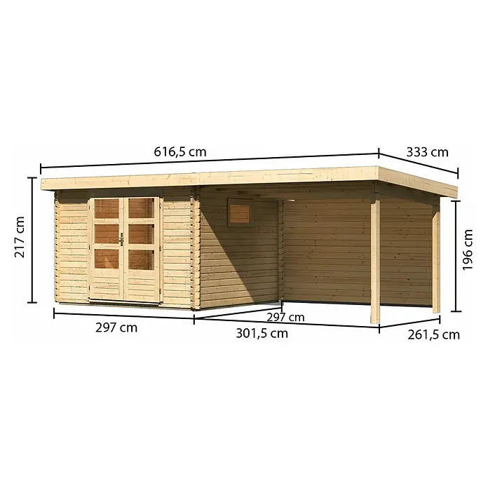 Karibu Gartenhaus Trittau 3 - Außenmaß inkl. Dachüberstand (B x T): 616,5 x 333 cm, Holz, Natur, Mit Seitendach & Rückwand - Abbildung eines Holzgartenhauses mit Anbau und Maßangaben zu Höhe, Breite und Tiefe.