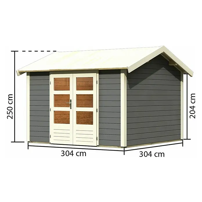 Karibu Gartenhaus Theres - Außenmaß inkl. Dachüberstand (B x T): 337 x 348 cm, Holz, Terragrau - Bild eines Gartenhauses mit Abmessungen. Das Gartenhaus ist grau mit weißer Tür und weißem Dach. Abmessungen sind 304 x 304 x 250 cm.
